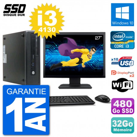PC HP EliteDesk 800 G1 Ecran 27" Core i3-4130 RAM 32Go SSD 480Go Windows 10 Wifi