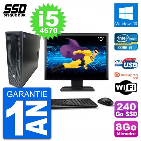 PC HP EliteDesk 800 G1 Ecran 19" Core i5-4570 RAM 8Go SSD 240Go Windows 10 Wifi