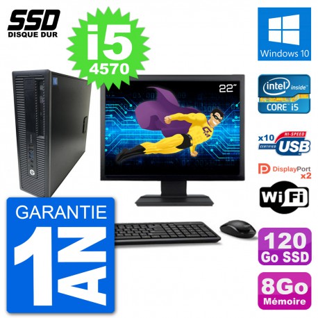 PC HP EliteDesk 800 G1 Ecran 22" Core i5-4570 RAM 8Go SSD 120Go Windows 10 Wifi