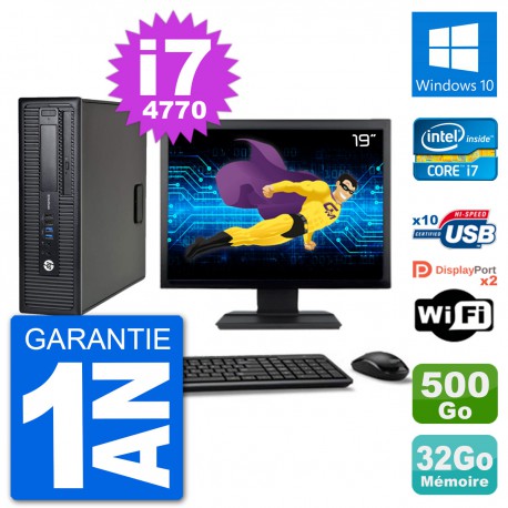 PC HP 800 G1 Ecran 19" Core i7-4770 RAM 32Go Disque 500Go Windows 10 Wifi