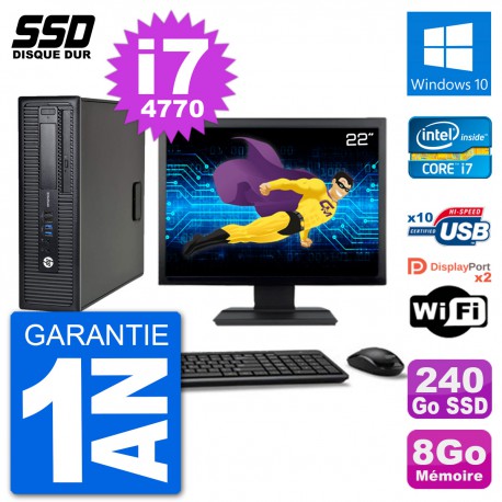 PC HP EliteDesk 800 G1 Ecran 22" Core i7-4770 RAM 8Go SSD 240Go Windows 10 Wifi