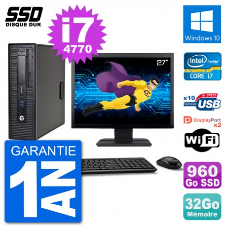 PC HP EliteDesk 800 G1 Ecran 27" Core i7-4770 RAM 32Go SSD 960Go Windows 10 Wifi