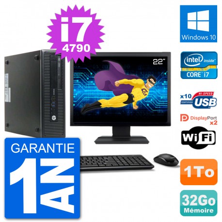 PC HP 800 G1 Ecran 22" Core i7-4790 RAM 32Go Disque 1To Windows 10 Wifi