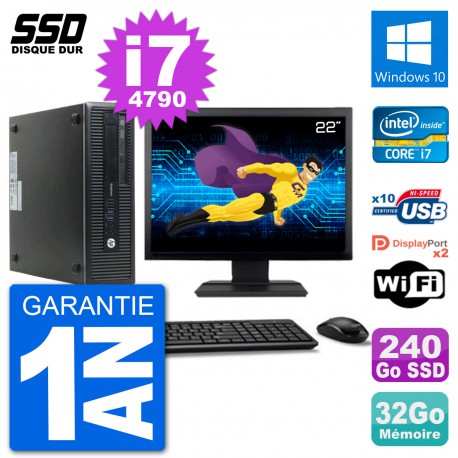 PC HP EliteDesk 800 G1 Ecran 22" Core i7-4790 RAM 32Go SSD 240Go Windows 10 Wifi