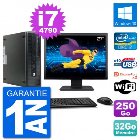 PC HP 800 G1 Ecran 27" Core i7-4790 RAM 32Go Disque 250Go Windows 10 Wifi