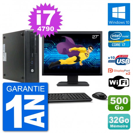 PC HP 800 G1 Ecran 27" Core i7-4790 RAM 32Go Disque 500Go Windows 10 Wifi