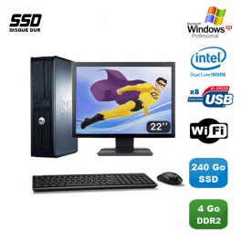 Lot PC DELL Optiplex 760 DT E5200 2,5Ghz 4Go DDR2 240Go SSD WIFI XP Pro + 22"