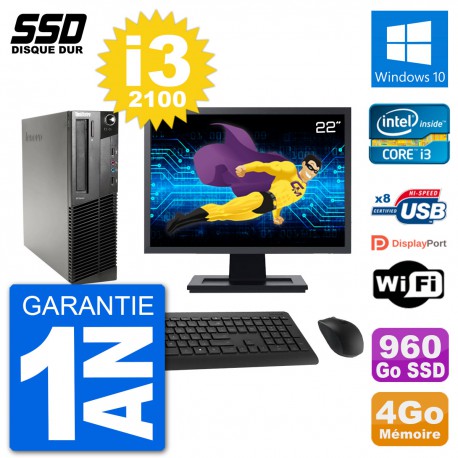 PC Lenovo M91p SFF Ecran 22" Intel i3-2100 RAM 4Go SSD 960Go Windows 10 Wifi