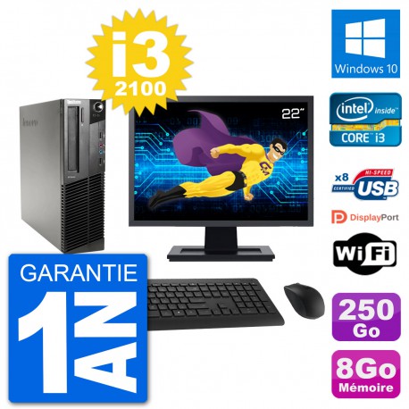PC Lenovo M91p SFF Ecran 22" Intel i3-2100 RAM 8Go Disque 250Go Windows 10 Wifi