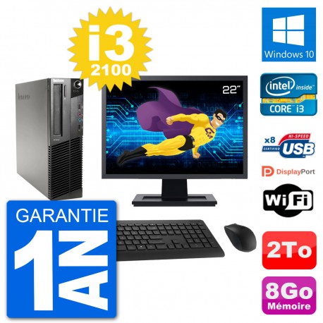 PC Lenovo M91p SFF Ecran 22" Intel i3-2100 RAM 8Go Disque 2To Windows 10 Wifi