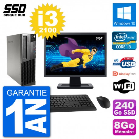 PC Lenovo M91p SFF Ecran 22" Intel i3-2100 RAM 8Go SSD 240Go Windows 10 Wifi