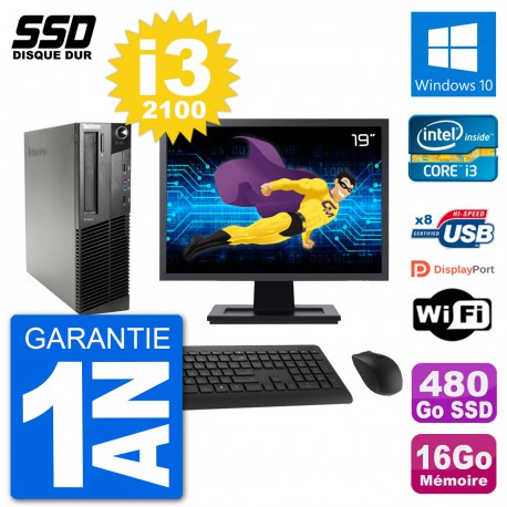 PC Lenovo M91p SFF Ecran 19" Intel i3-2100 RAM 16Go SSD 480Go Windows 10 Wifi