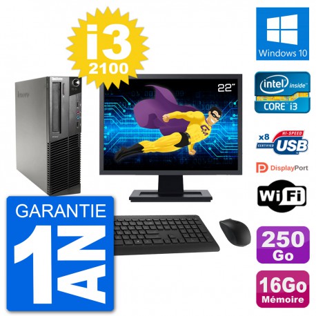 PC Lenovo M91p SFF Ecran 22" Intel i3-2100 RAM 16Go Disque 250Go Windows 10 Wifi