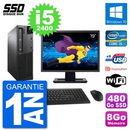PC Lenovo M91p SFF Ecran 19" Intel i5-2400 RAM 8Go SSD 480Go Windows 10 Wifi