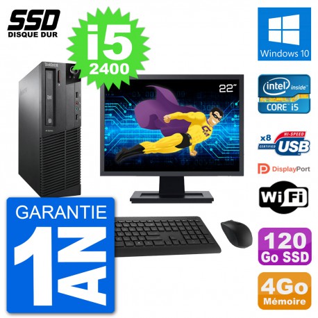 PC Lenovo M91p SFF Ecran 22" Intel i5-2400 RAM 4Go SSD 120Go Windows 10 Wifi