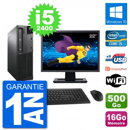 PC Lenovo M91p SFF Ecran 22" Intel i5-2400 RAM 16Go Disque 500Go Windows 10 Wifi