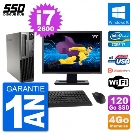 PC Lenovo M91p SFF Ecran 19" Intel i7-2600 RAM 4Go SSD 120Go Windows 10 Wifi