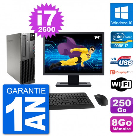 PC Lenovo M91p SFF Ecran 19" Intel i7-2600 RAM 8Go Disque 250Go Windows 10 Wifi