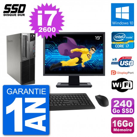 PC Lenovo M91p SFF Ecran 19" Intel i7-2600 RAM 16Go SSD 240Go Windows 10 Wifi