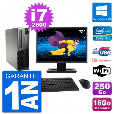 PC Lenovo M91p SFF Ecran 22" Intel i7-2600 RAM 16Go Disque 250Go Windows 10 Wifi