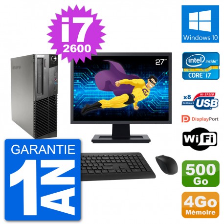PC Lenovo M91p SFF Ecran 27" Intel i7-2600 RAM 4Go Disque 500Go Windows 10 Wifi