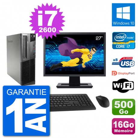 PC Lenovo M91p SFF Ecran 27" Intel i7-2600 RAM 16Go Disque 500Go Windows 10 Wifi