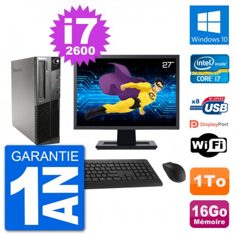 PC Lenovo M91p SFF Ecran 27" Intel i7-2600 RAM 16Go Disque 1To Windows 10 Wifi