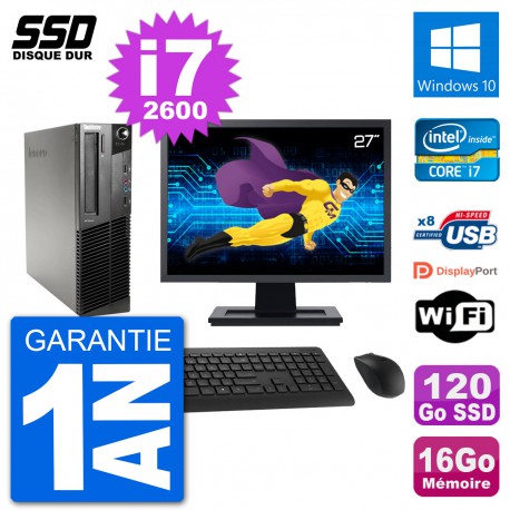 PC Lenovo M91p SFF Ecran 27" Intel i7-2600 RAM 16Go SSD 120Go Windows 10 Wifi