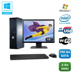 Lot PC DELL Optiplex 760 DT Intel E5200 2,5Ghz 4Go DDR2 750 Go WIFI Win 7 + 19"