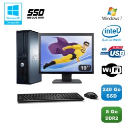 Lot PC DELL Optiplex 760 DT E5200 2,5Ghz 8Go DDR2 240Go SSD WIFI Win 7 + 19"