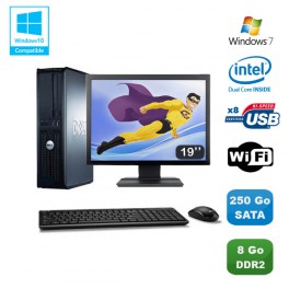 Lot PC DELL Optiplex 760 DT Intel E5200 2,5Ghz 8Go DDR2 250 Go WIFI Win 7 + 19"