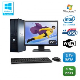 Lot PC DELL Optiplex 760 DT Intel E5200 2,5Ghz 8Go DDR2 2 To WIFI Win 7 + 22"