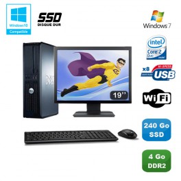 Lot PC DELL Optiplex 760 DT Intel E8400 3Ghz 4Go DDR2 240Go SSD WIFI Win 7 + 19"