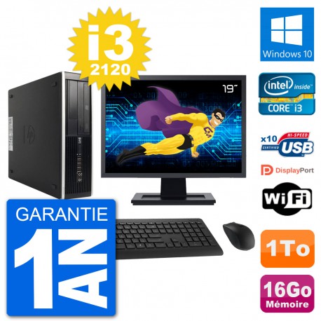 PC HP 8200 Elite SFF Ecran 19" Intel i3-2120 RAM 16Go Disque 1To Windows 10 Wifi