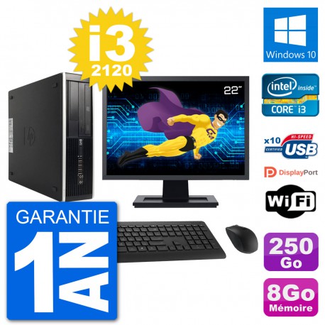 PC HP 8200 Elite SFF Ecran 22" Intel i3-2120 RAM 8Go Disque 250Go Windows 10 Wifi