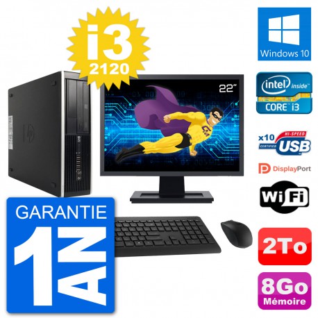 PC HP 8200 Elite SFF Ecran 22" Intel i3-2120 RAM 8Go Disque Dur 2To Windows 10 Wifi