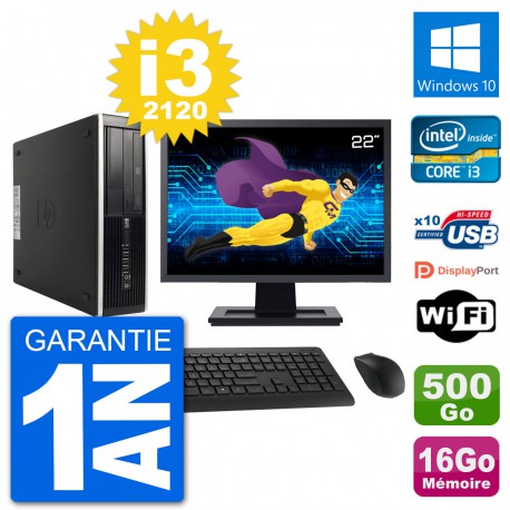 PC HP 8200 Elite SFF Ecran 22" Intel i3-2120 RAM 16Go Disque 500Go Windows 10 Wifi