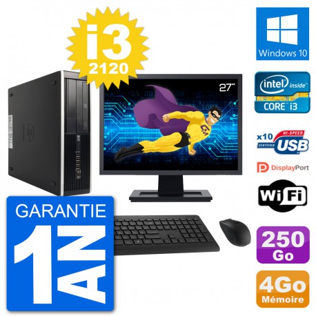PC HP 8200 Elite SFF Ecran 27" Intel i3-2120 RAM 4Go Disque 250Go Windows 10 Wifi