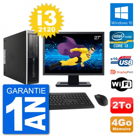 PC HP 8200 Elite SFF Ecran 27" Intel i3-2120 RAM 4Go Disque Dur 2To Windows 10 Wifi