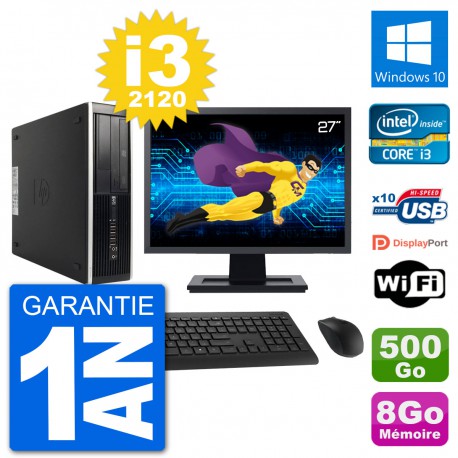 PC HP 8200 Elite SFF Ecran 27" Intel i3-2120 RAM 8Go Disque 500Go Windows 10 Wifi