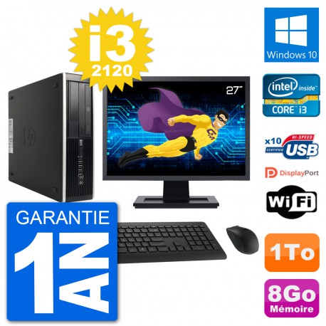 PC HP 8200 Elite SFF Ecran 27" Intel i3-2120 RAM 8Go Disque Dur 1To Windows 10 Wifi
