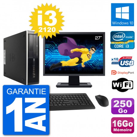 PC HP 8200 Elite SFF Ecran 27" Intel i3-2120 RAM 16Go Disque 250Go Windows 10 Wifi