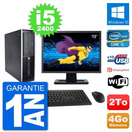 PC HP 8200 Elite SFF Ecran 19" Intel i5-2400 RAM 4Go Disque Dur 2To Windows 10 Wifi