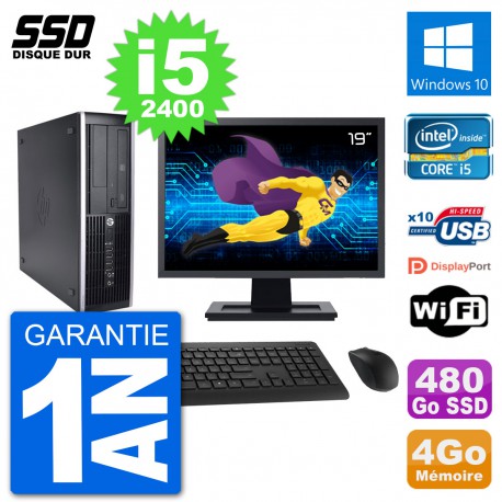 PC HP 8200 Elite SFF Ecran 19" Intel i5-2400 RAM 4Go SSD 480Go Windows 10 Wifi