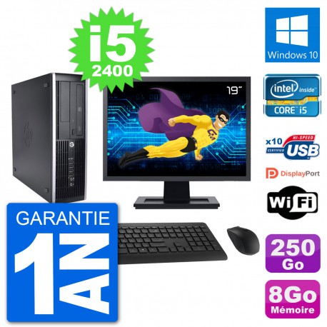 PC HP 8200 Elite SFF Ecran 19" Intel i5-2400 RAM 8Go Disque 250Go Windows 10 Wifi