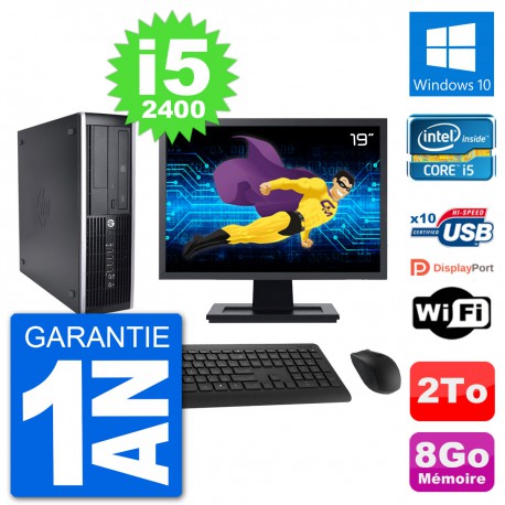 PC HP 8200 Elite SFF Ecran 19" Intel i5-2400 RAM 8Go Disque Dur 2To Windows 10 Wifi