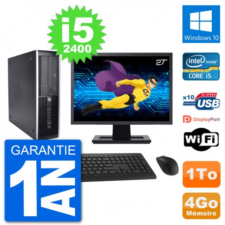 PC HP 8200 Elite SFF Ecran 27" Intel i5-2400 RAM 4Go Disque Dur 1To Windows 10 Wifi