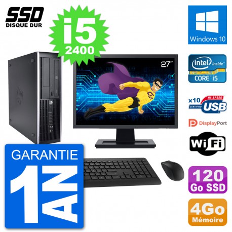 PC HP 8200 Elite SFF Ecran 27" Intel i5-2400 RAM 4Go SSD 120Go Windows 10 Wifi