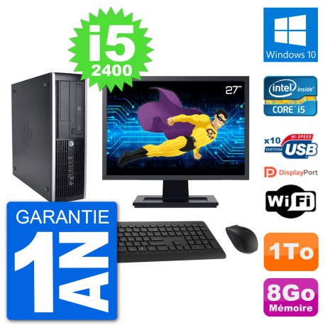 PC HP 8200 Elite SFF Ecran 27" Intel i5-2400 RAM 8Go Disque Dur 1To Windows 10 Wifi