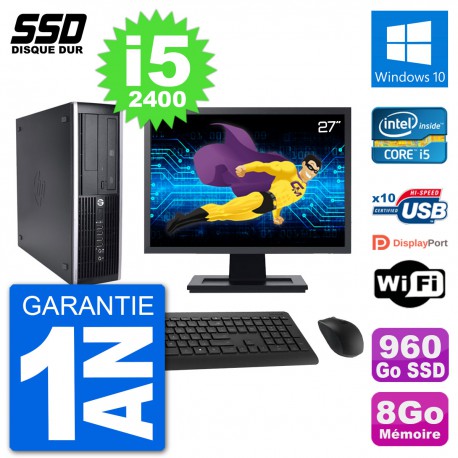 PC HP 8200 Elite SFF Ecran 27" Intel i5-2400 RAM 8Go SSD 960Go Windows 10 Wifi